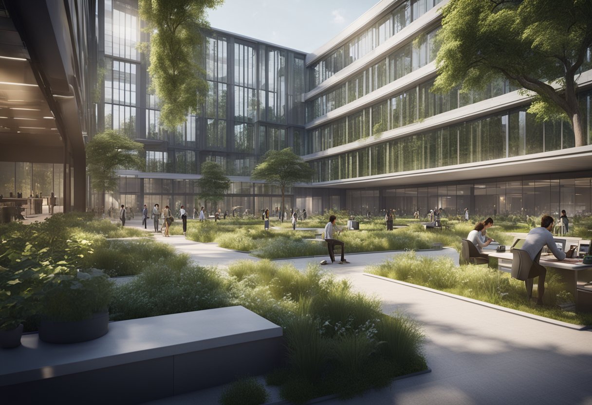 A bustling campus with modern buildings and labs, surrounded by lush greenery. Researchers are seen conducting experiments in the metrology research facility