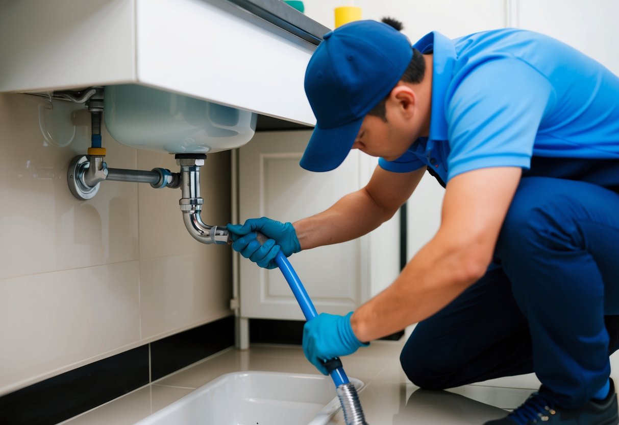 A plumber in Puchong fixing a leaking pipe under a sink