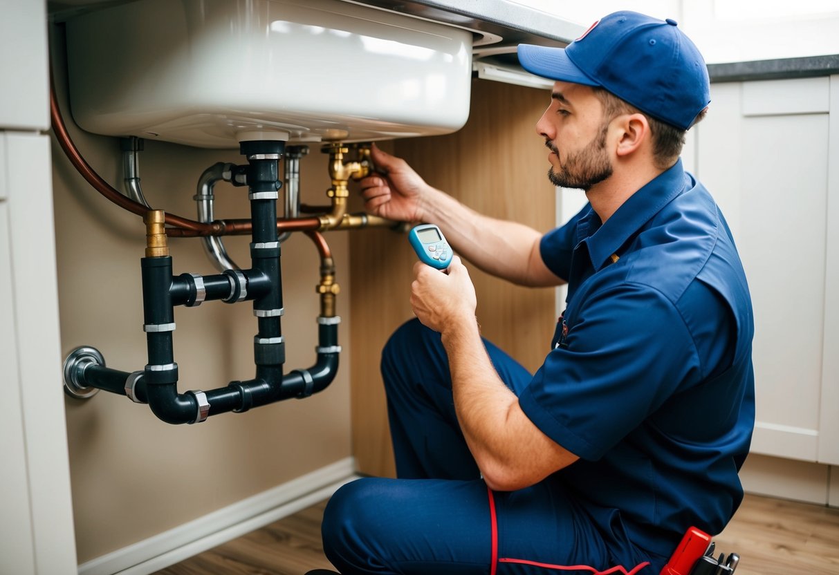 A plumber in uniform inspecting pipes under a sink