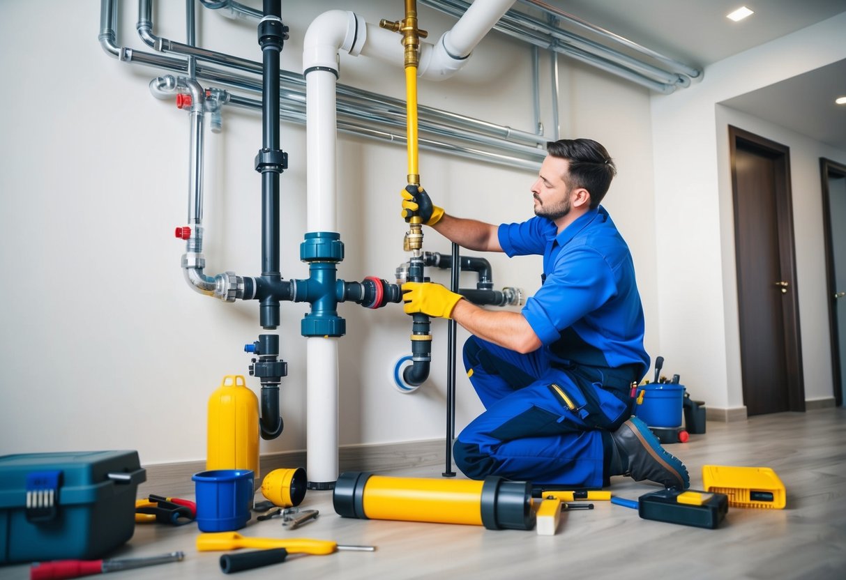 A plumber working on a complex pipe system in a modern residential or commercial building, with various tools and equipment scattered around