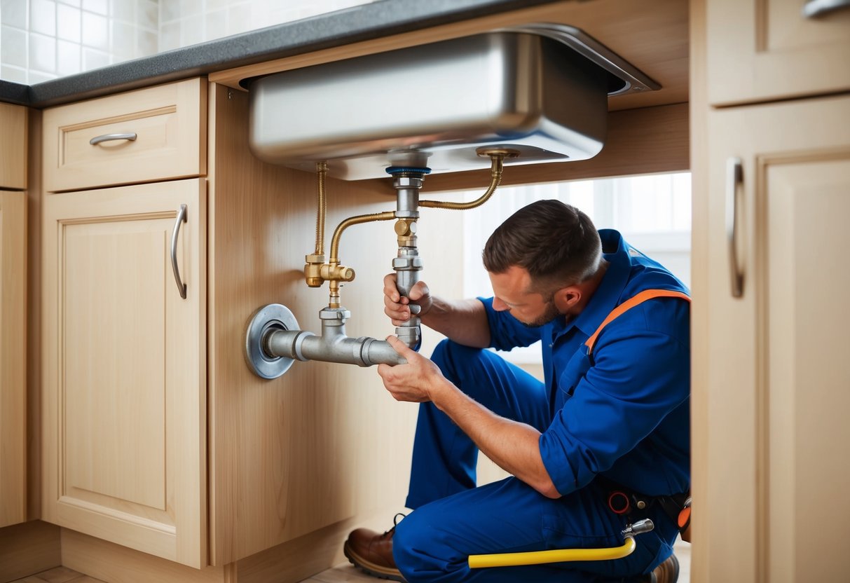 A plumber in work attire fixing a leaking pipe under a sink in a residential kitchen