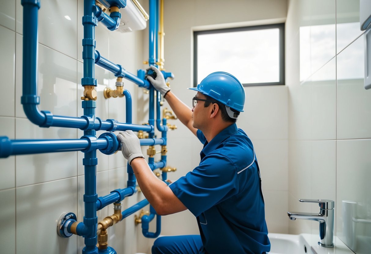 A plumber in Puchong, Malaysia, works on maintaining a complex network of pipes and valves in a modern, well-lit bathroom