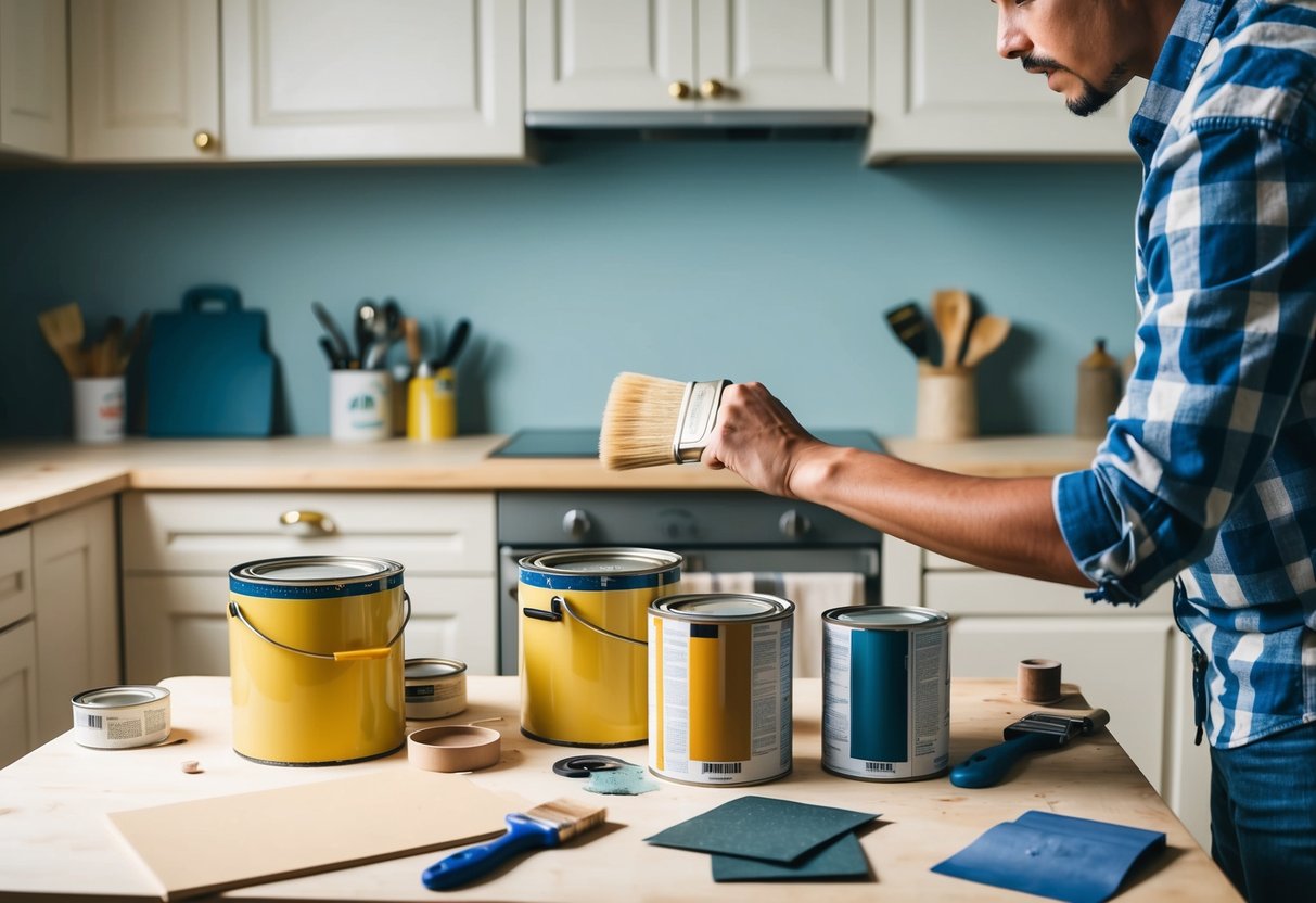 A person applying finish to kitchen cabinets with a brush, surrounded by cans of varnish and a worktable with sandpaper and other refinishing tools