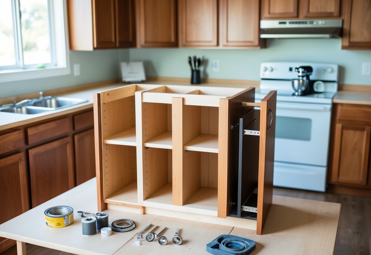 A kitchen cabinet being disassembled and sanded down, with new hardware and paint ready for upgrade