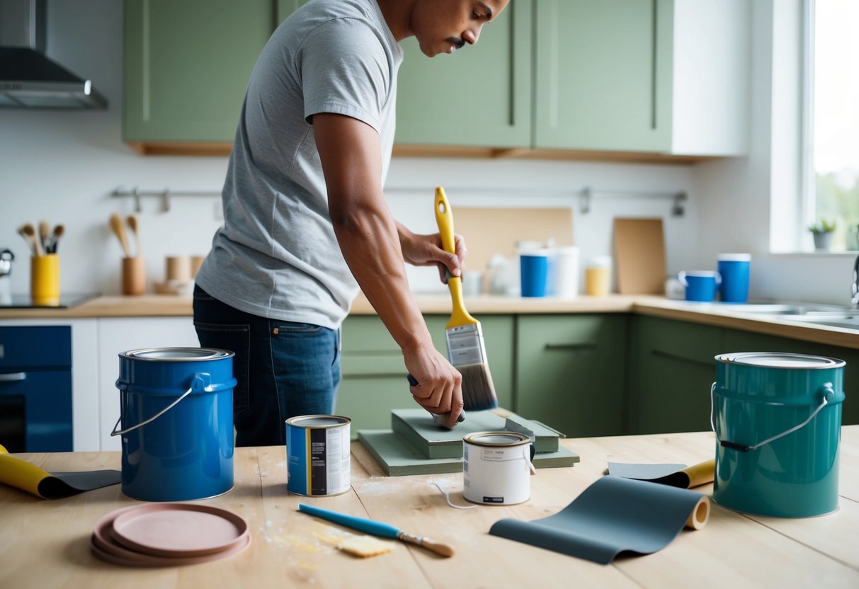 A person sanding and painting kitchen cabinets, surrounded by paint cans, brushes, and sandpaper