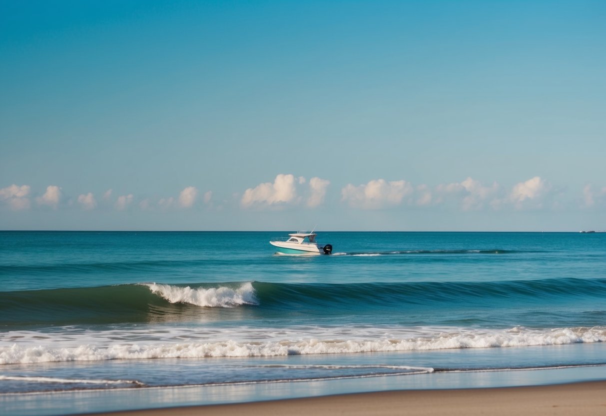 A serene beach with calm waves, a clear blue sky, and a small boat sailing in the distance