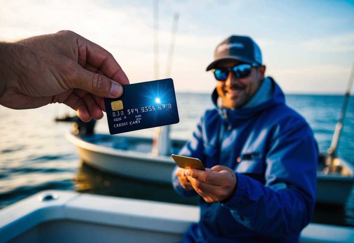 A fisherman holding a credit card with a fishing boat in the background