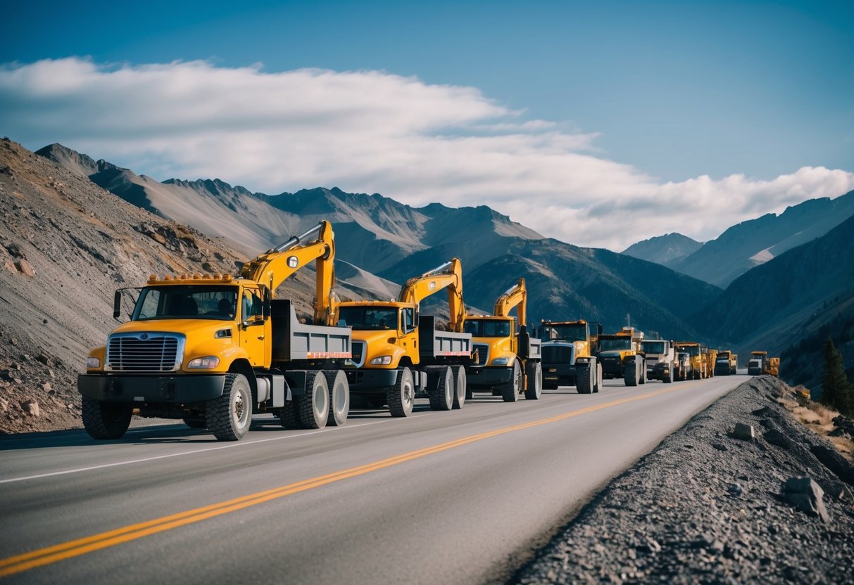 A group of vehicles and construction equipment lined up on a rugged mountain road, with a supervisor overseeing the operations