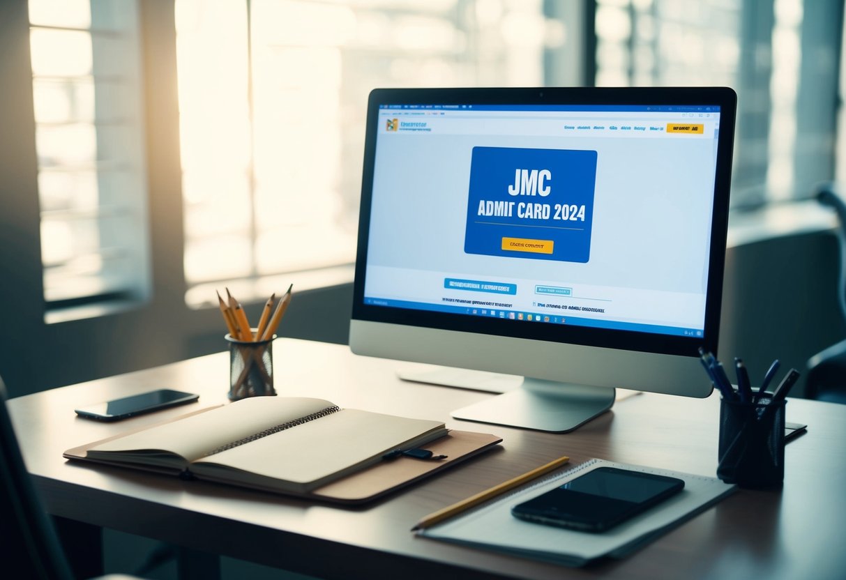 A desk with an open notebook, pencil, and ruler. A computer screen displaying the JMC Admit Card 2024 website