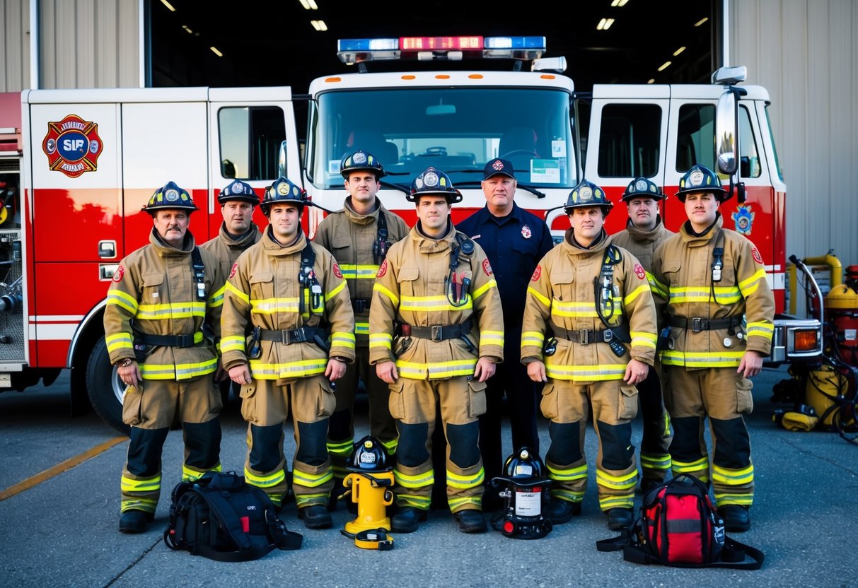 A group of firemen in uniform stand in front of a fire truck, with the CISF emblem prominently displayed. They are surrounded by various firefighting equipment and gear