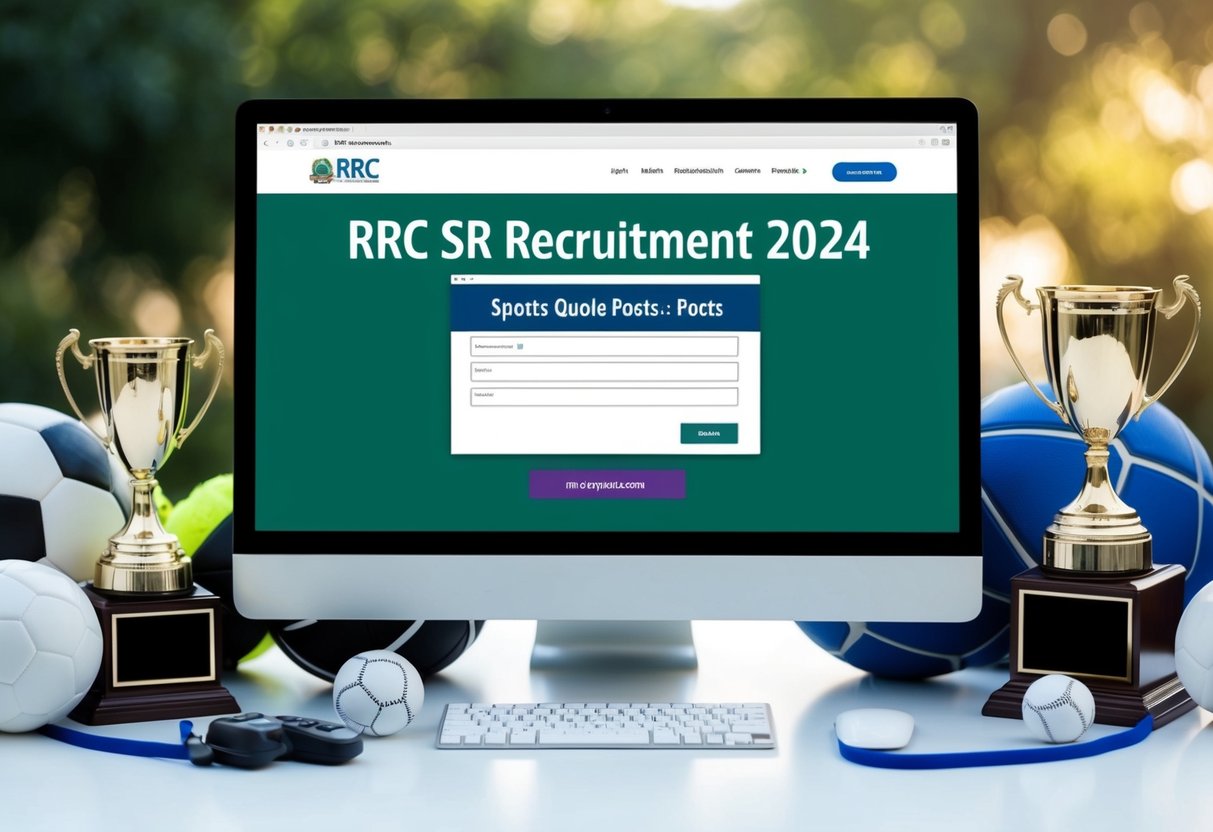 A computer screen displaying the RRC SR Recruitment 2024 webpage with the sports quota posts application form open, surrounded by sports equipment and trophies