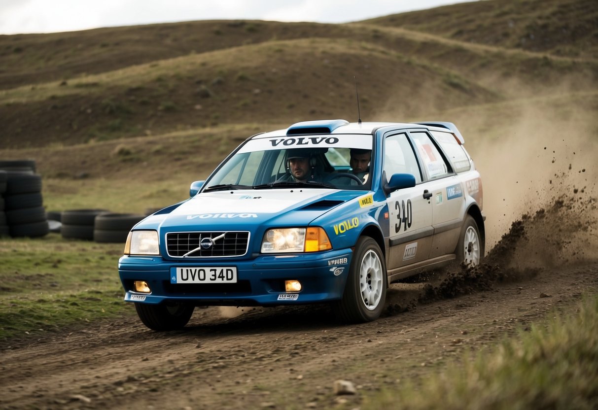 Volvo 340 kör genom en robust rallybana, sprutande upp smuts och skräp när den manövrerar skarpa svängar och ojämnt terräng.