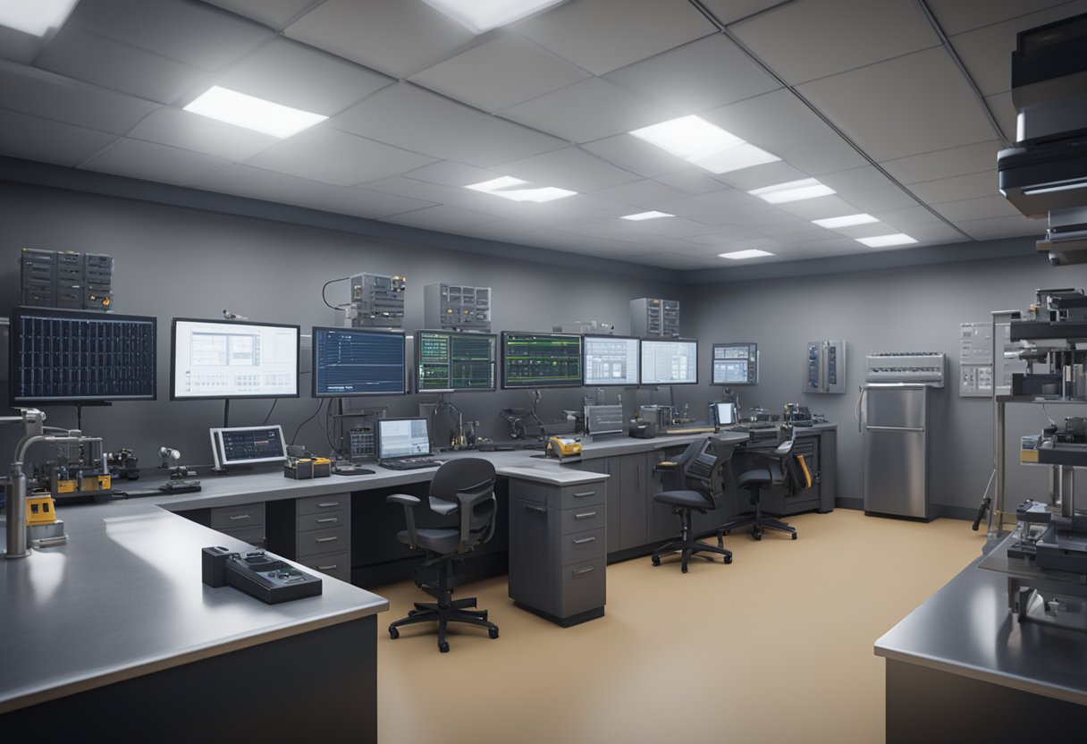 A technician calibrates precision instruments in a Texas laboratory, surrounded by state-specific regulations and compliance documentation