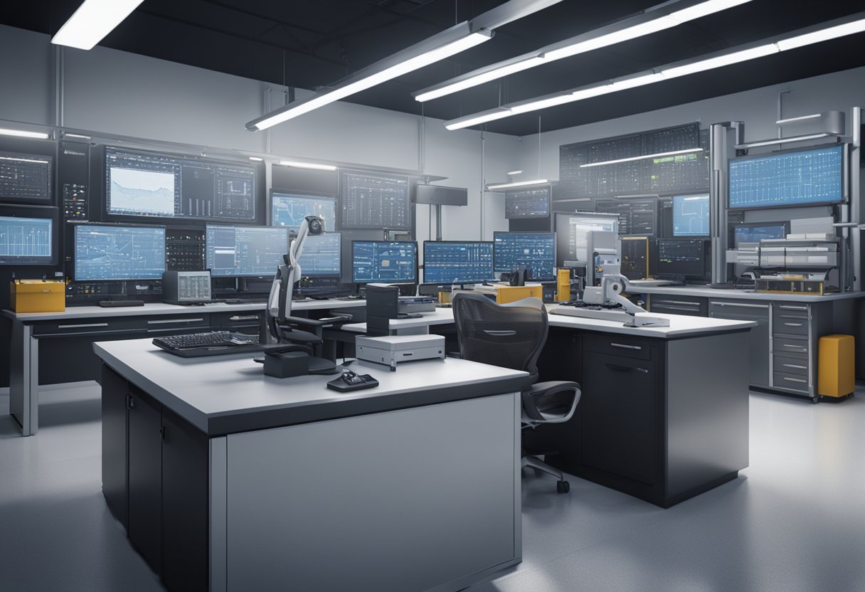 A metrologist calibrates precision instruments in a Michigan laboratory, surrounded by high-tech equipment and computer screens displaying job market data