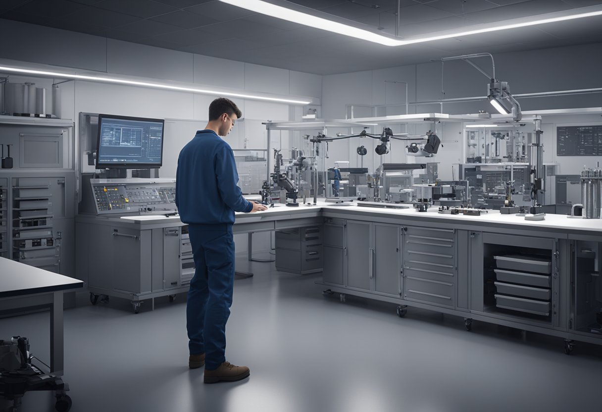 A technician in a lab setting up precision measurement equipment for metrology jobs in Michigan