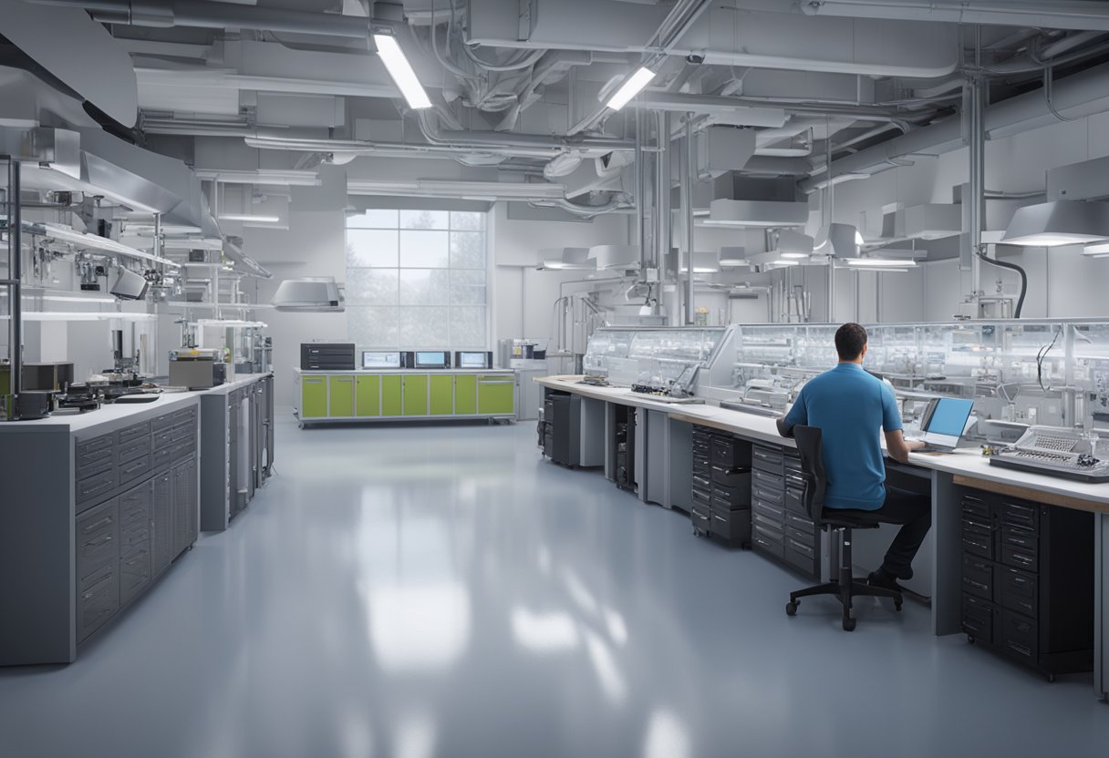 A metrologist in Michigan meticulously calibrates precision instruments in a well-lit, climate-controlled lab, surrounded by advanced technology and reference standards