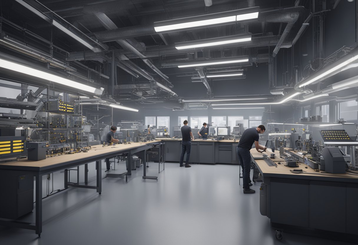 A bustling metrology lab in Michigan, with technicians calibrating precision instruments and engineers analyzing data for industrial applications