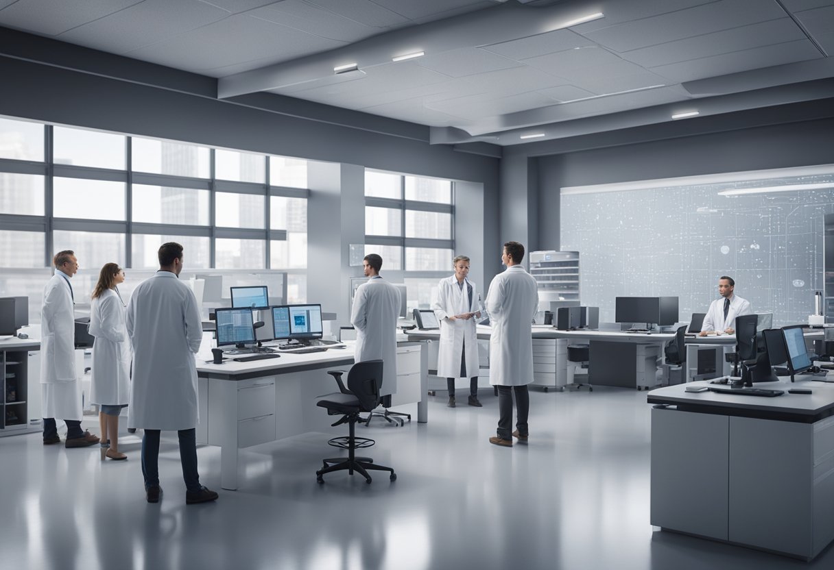 A group of professionals in lab coats discuss metrology equipment in a modern Illinois office