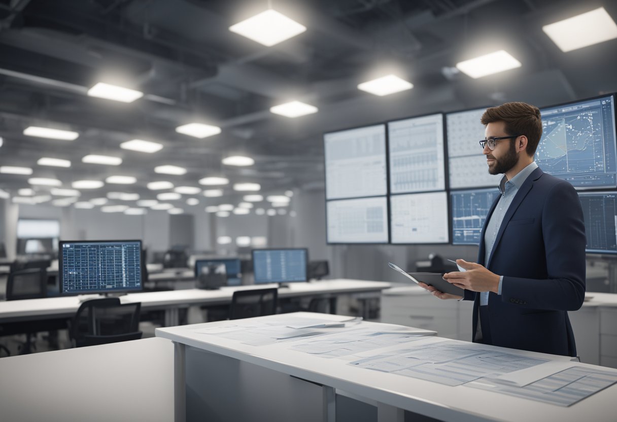 An economist analyzing data in an Illinois metrology lab for economic forecasting and analysis