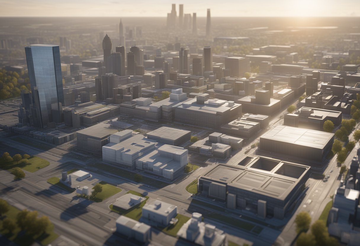 A bustling Ohio city with factories, laboratories, and high-tech facilities, showcasing the diverse job market in metrology