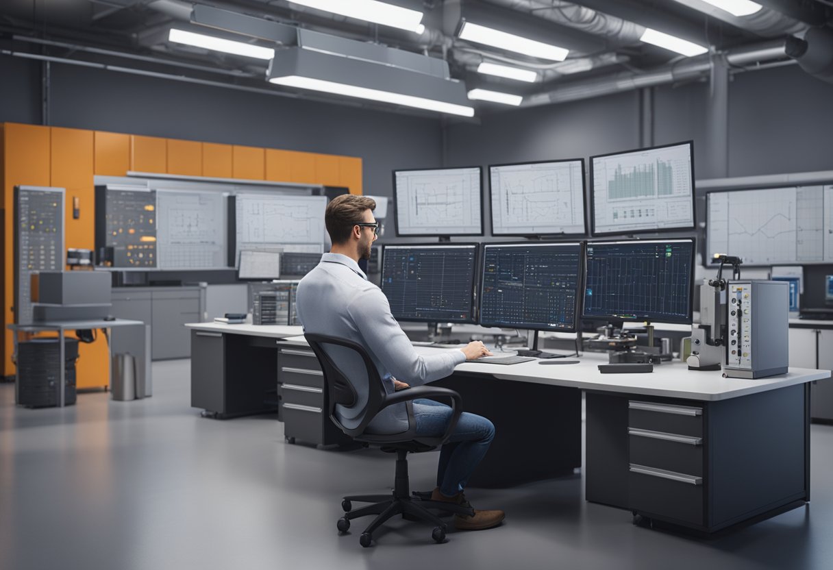 A technician calibrates precision instruments in a modern Ohio lab, surrounded by advanced metrology equipment and charts showing salary growth potential