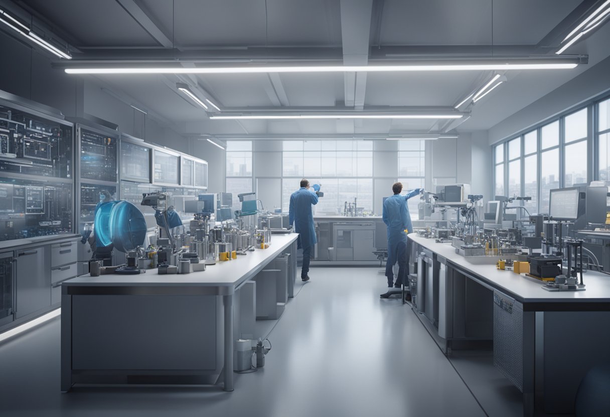 A bustling laboratory with precision instruments and technicians analyzing data