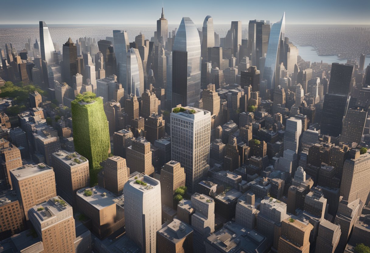 A bustling New York City skyline with various high-rise buildings and industrial complexes, showcasing the fast-paced and lucrative nature of metrology jobs