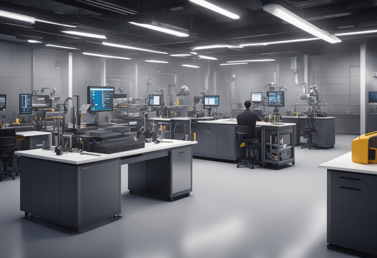 A bustling New York metrology lab with precision instruments and engineers conducting professional development training