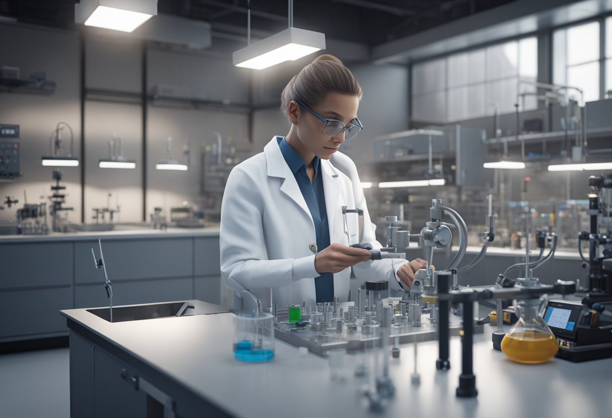 A person in a lab coat using precision instruments to measure and analyze various objects in a modern laboratory setting