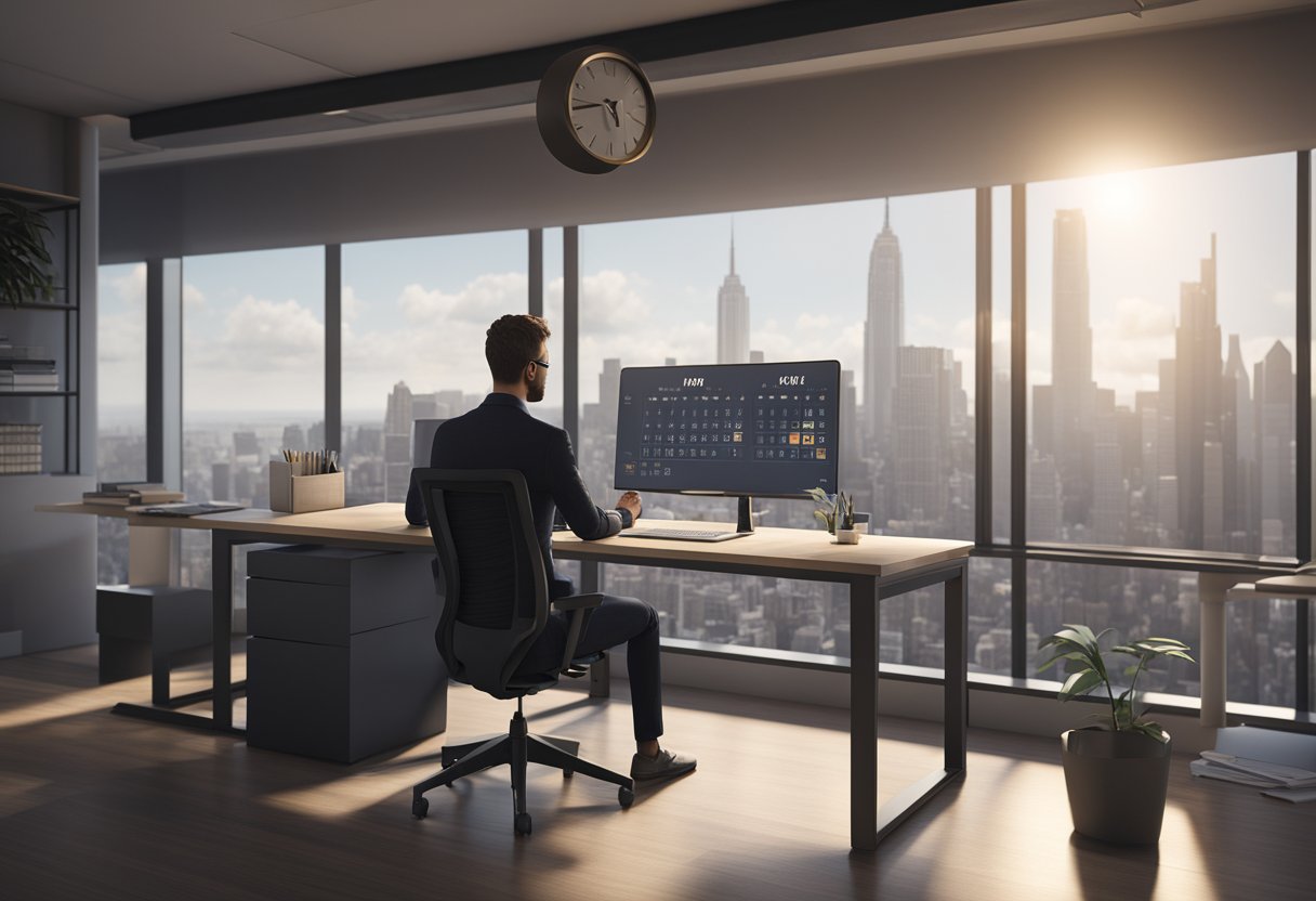 A person working at a desk in a modern office, with a city skyline visible through the window. A calendar and clock on the wall indicate a balance between work and personal time