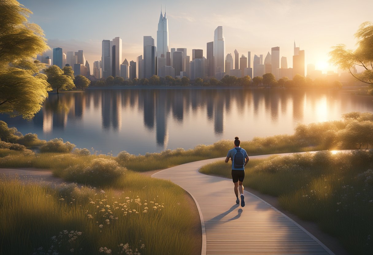 A peaceful park with a view of the city skyline, a person jogging on a trail, and a calm lake reflecting the sunset