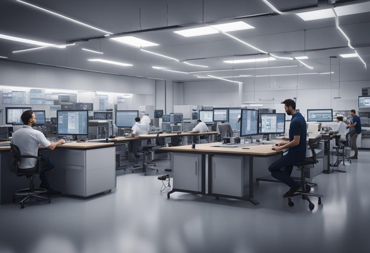 A bustling Florida metrology lab with technicians calibrating equipment and conducting precision measurements