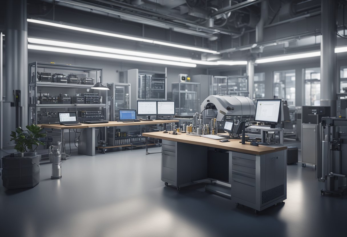 A technician calibrates precision instruments in a modern laboratory, surrounded by energy-efficient equipment and sustainable materials