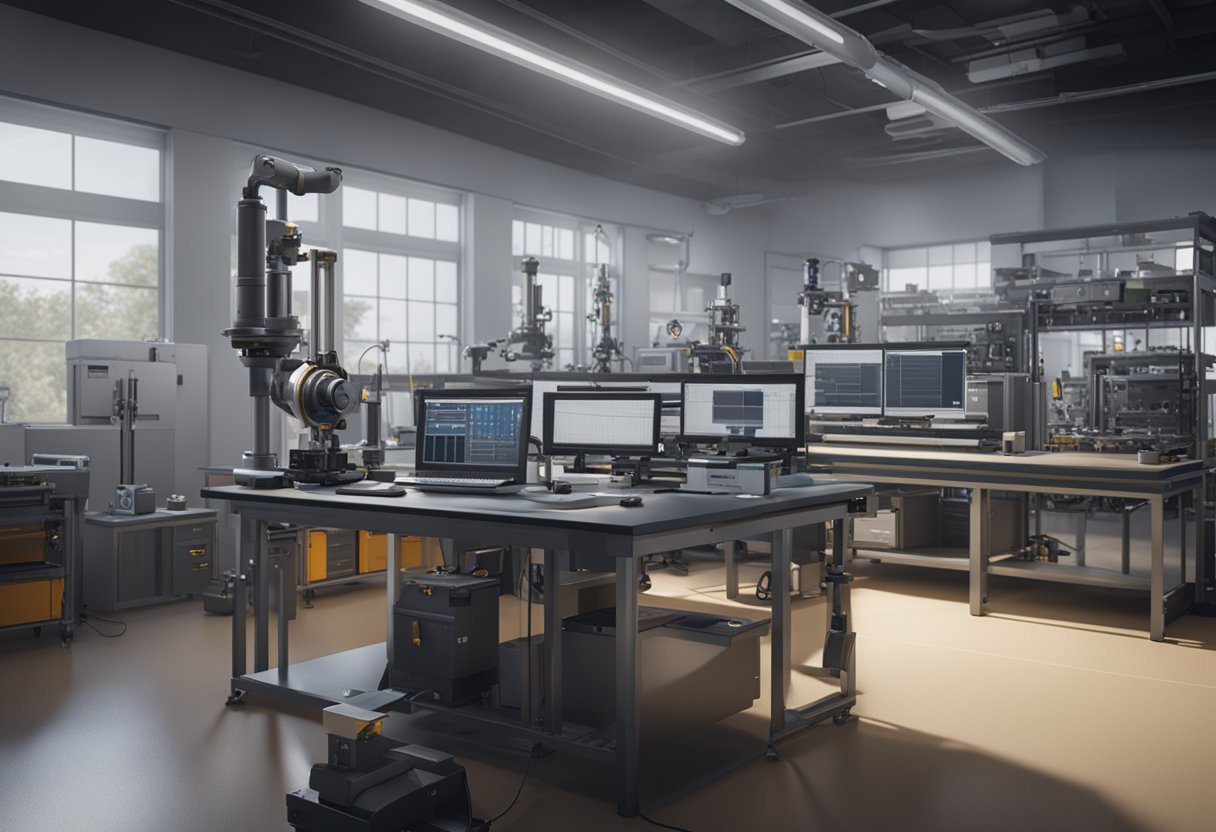 A technician calibrates precision instruments in a Florida metrology lab, surrounded by advanced measurement equipment and computer systems