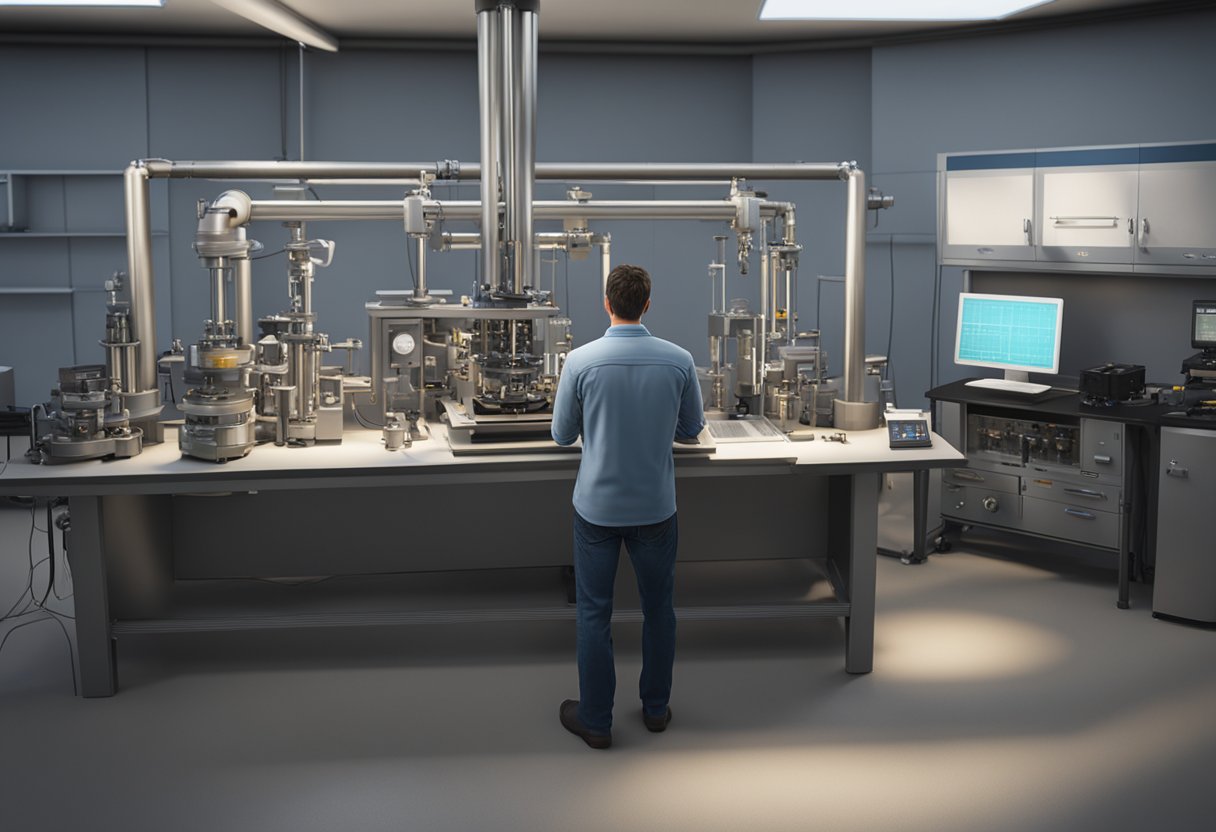 A technician calibrates precision instruments in a well-lit Indiana metrology lab