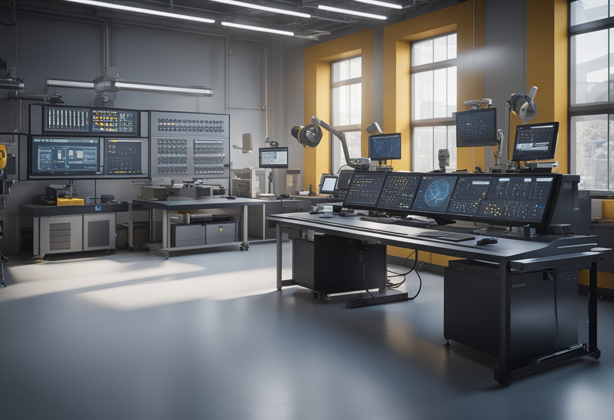 A technician calibrates precision instruments in a clean, well-lit laboratory. Various tools and machines line the walls, while a computer monitor displays data