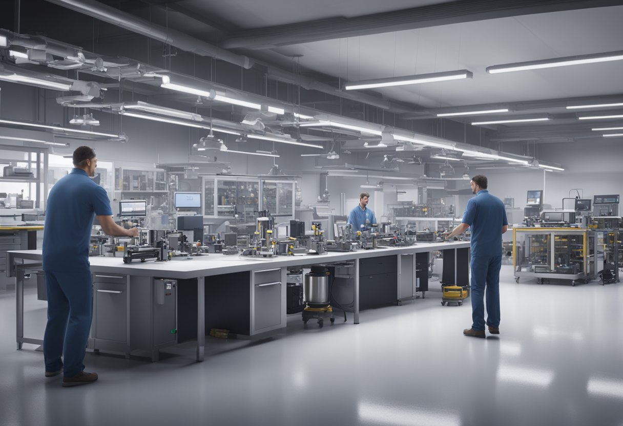 A bustling metrology lab in Indiana, with technicians calibrating equipment and engineers developing workforce training programs