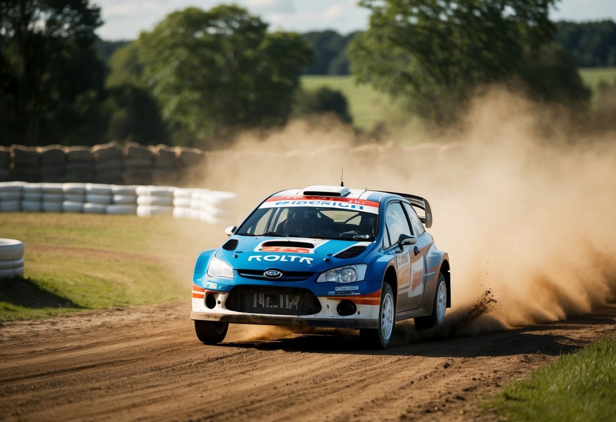 En rallybil kör snabbt genom en grusväg, och kickar upp moln av damm medan den navigerar skarpa svängar och hoppar över hinder.