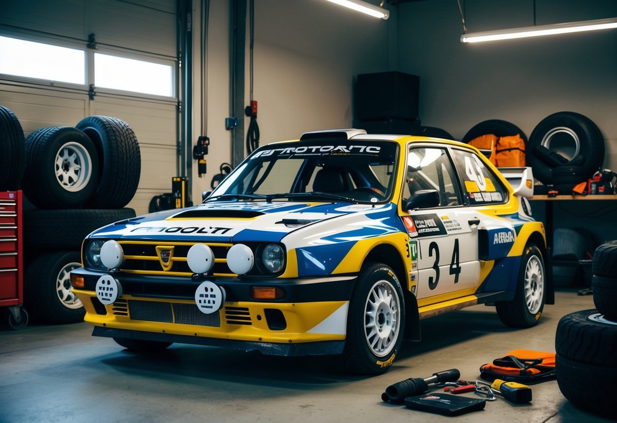 En rallybil parkerad i ett garage, omgiven av verktyg, reservdäck och racingutrustning