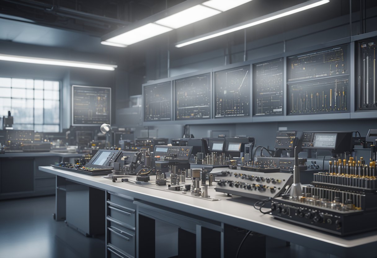 A technician calibrates precision instruments in a clean, brightly lit laboratory. Various gauges and tools are arranged on a workbench