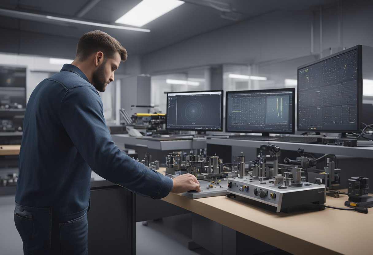 A technician calibrates precision equipment in a modern metrology lab in Wisconsin, surrounded by advanced measurement tools and computer systems