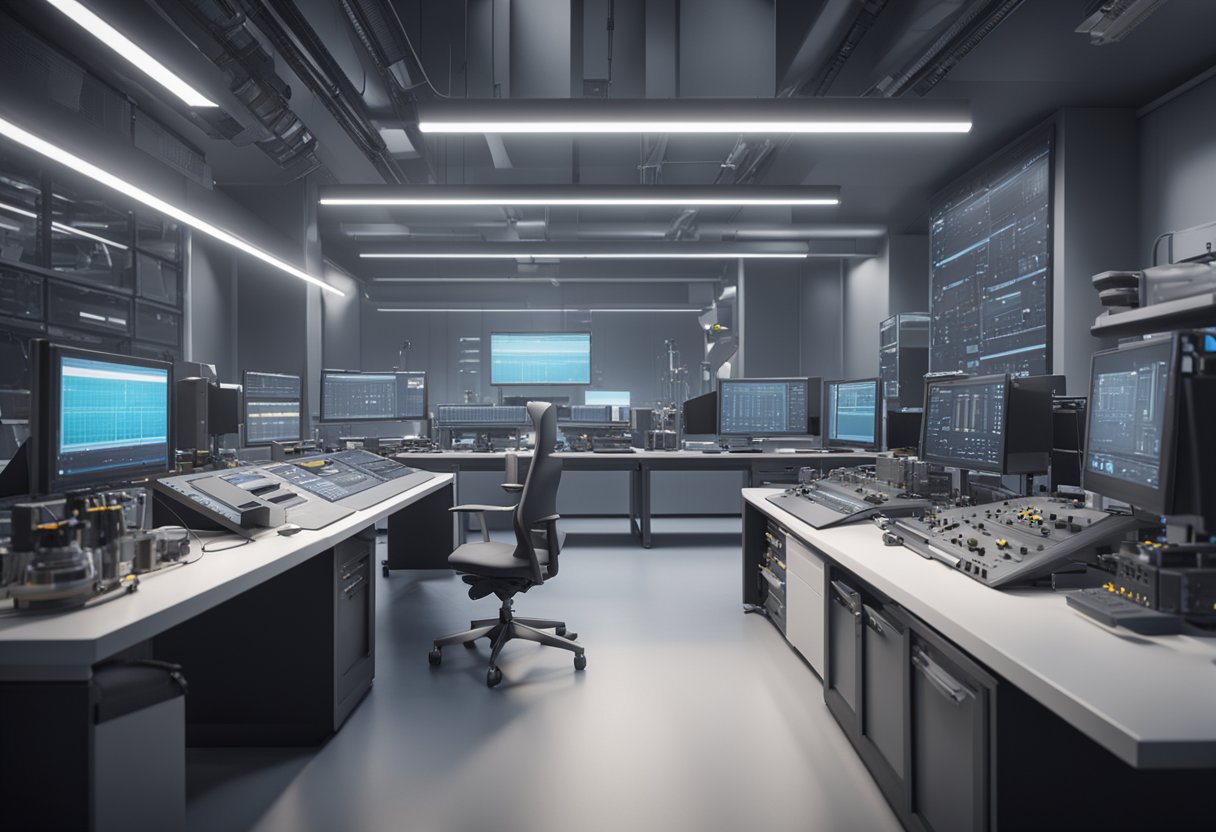 A technician calibrates precision instruments in a modern laboratory setting, surrounded by advanced measurement equipment and computer screens