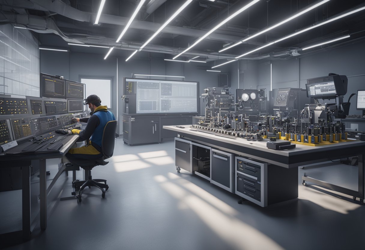 A technician calibrates equipment in a metrology lab, surrounded by precision instruments and certification documents