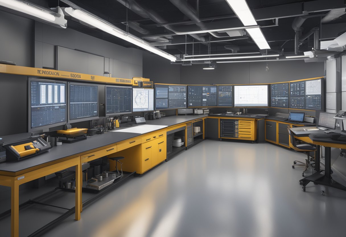 A metrology lab with advanced equipment and charts showing compensation and growth projections for Tennessee jobs