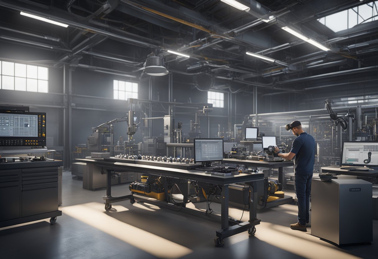 A technician using precision instruments to measure and calibrate machinery in a modern industrial setting