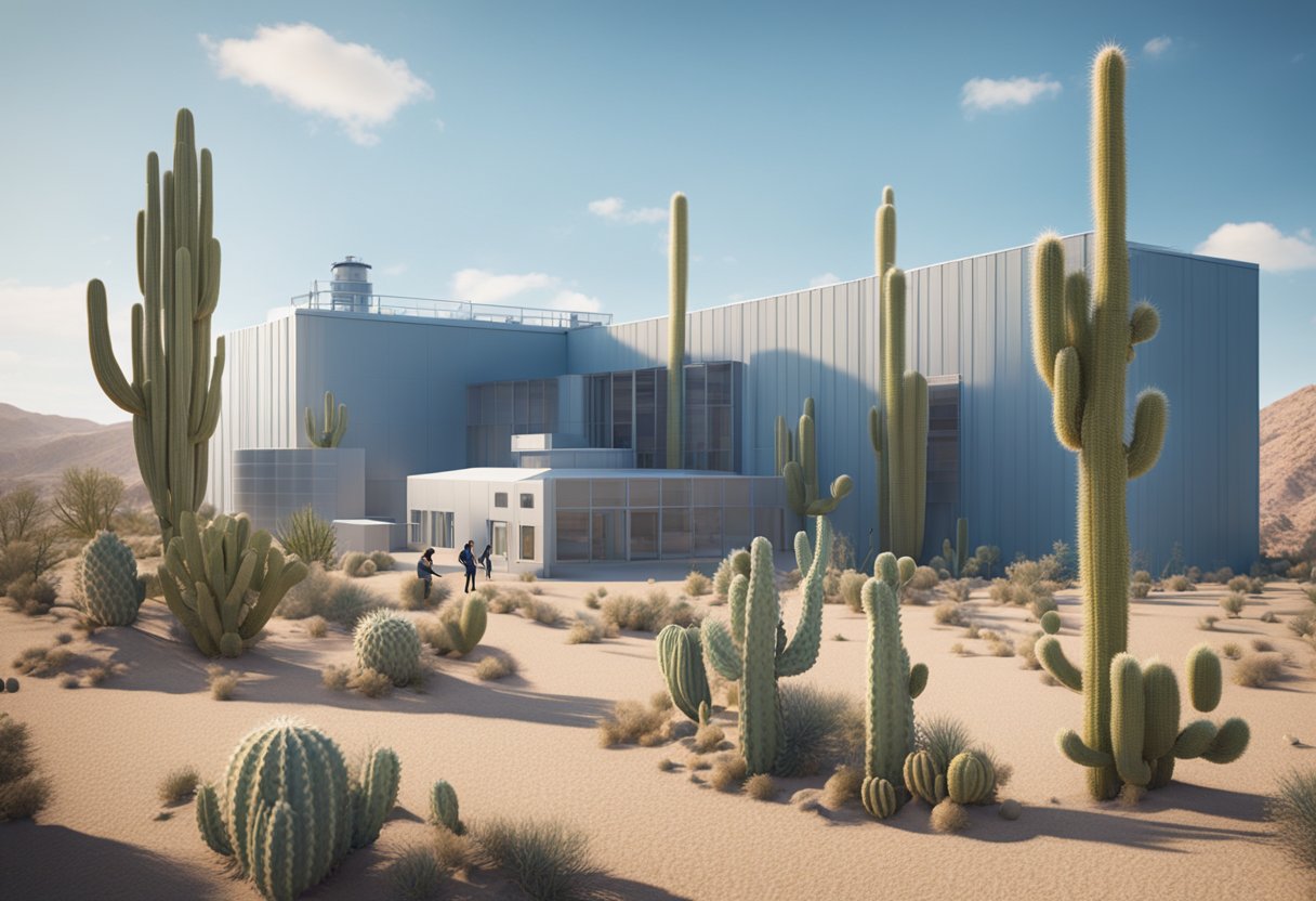 A desert landscape with cacti and a clear blue sky. A modern industrial facility with precision measurement equipment and technicians at work