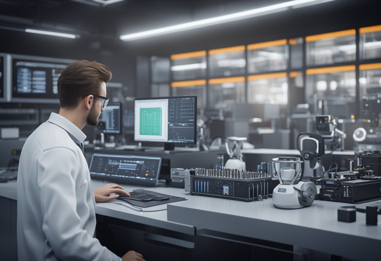 A technician calibrates precision instruments in a modern laboratory setting, surrounded by high-tech equipment and computer monitors