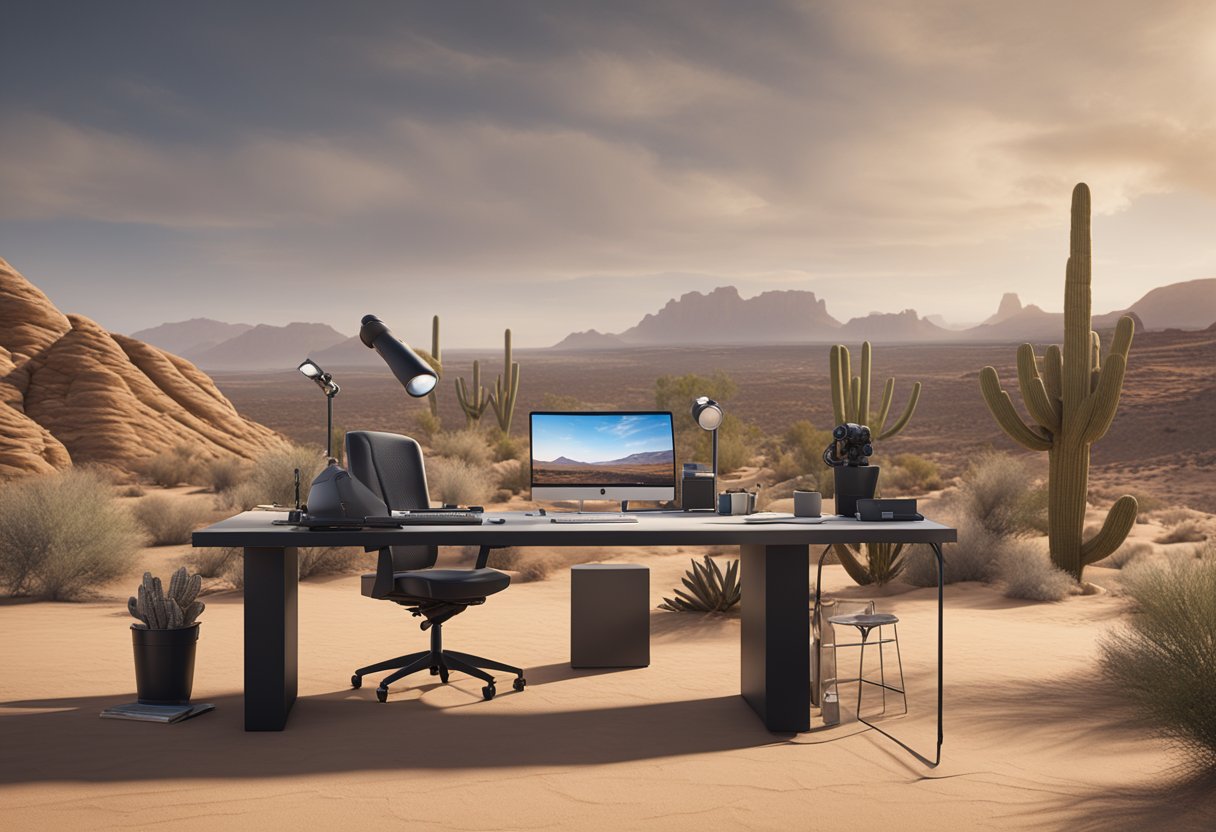 A metrology professional in Arizona balances work and life, with a computer and measurement tools on a desk, surrounded by desert landscape