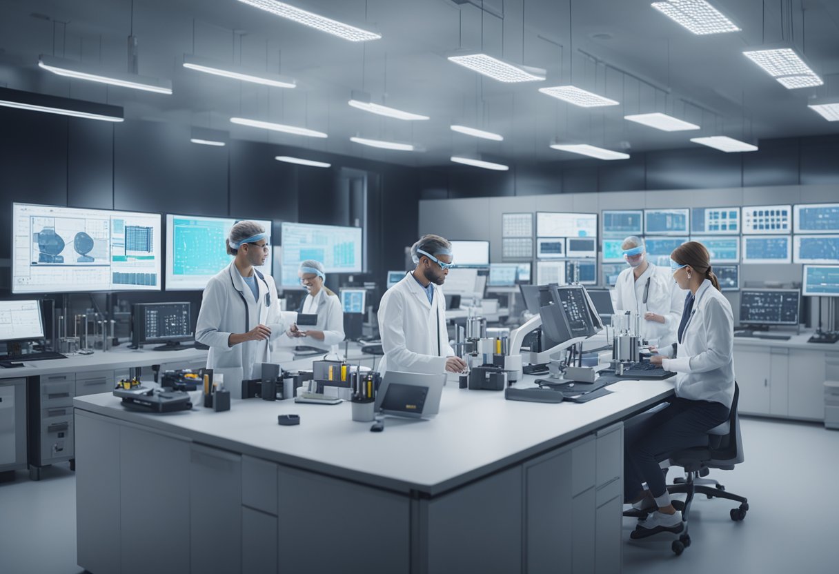 A diverse group of professionals in lab coats and safety goggles working with precision instruments and computer screens in a modern laboratory setting