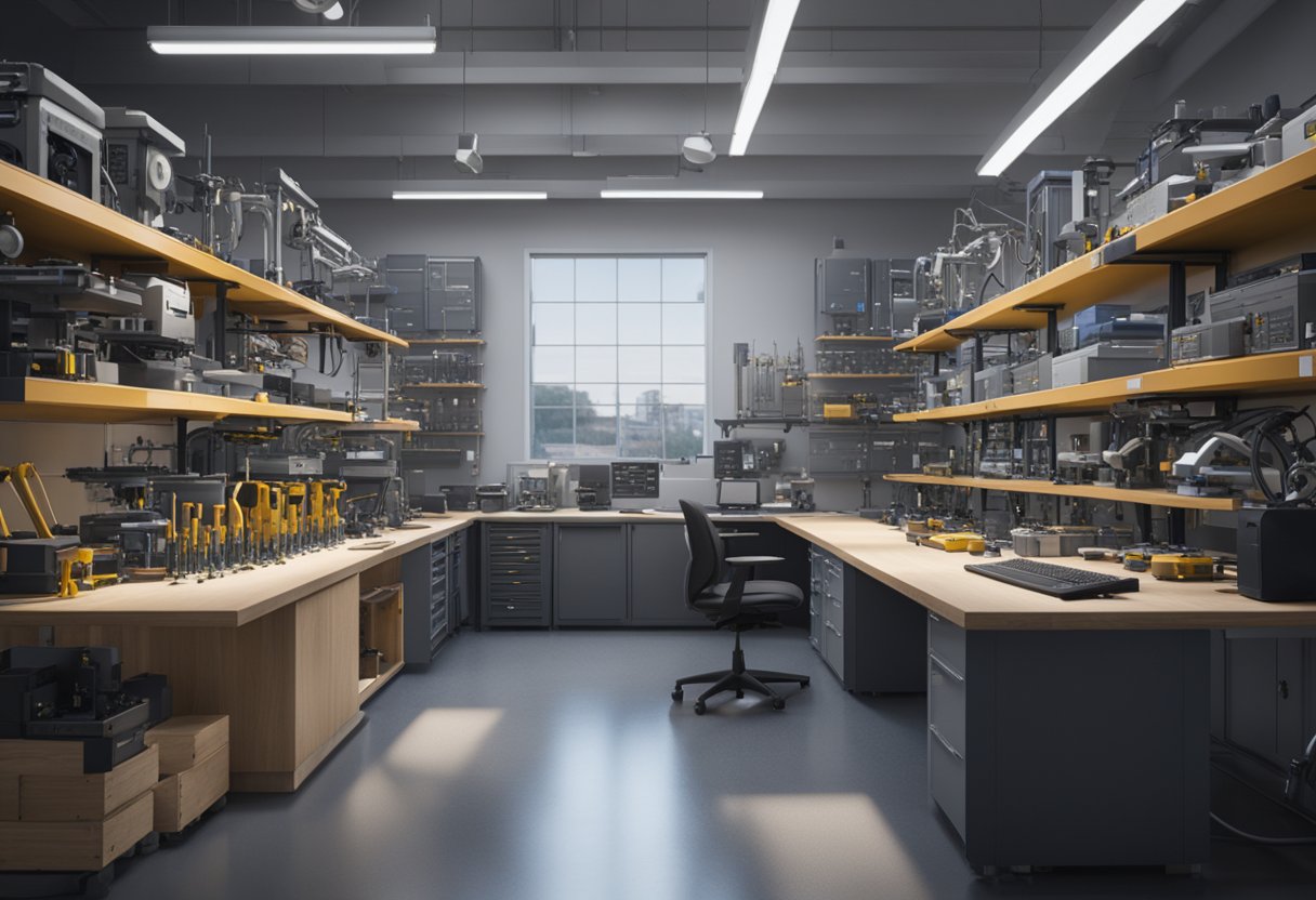 A metrology lab in Massachusetts, with precision instruments and computer monitors. A technician works diligently, surrounded by shelves of tools and equipment